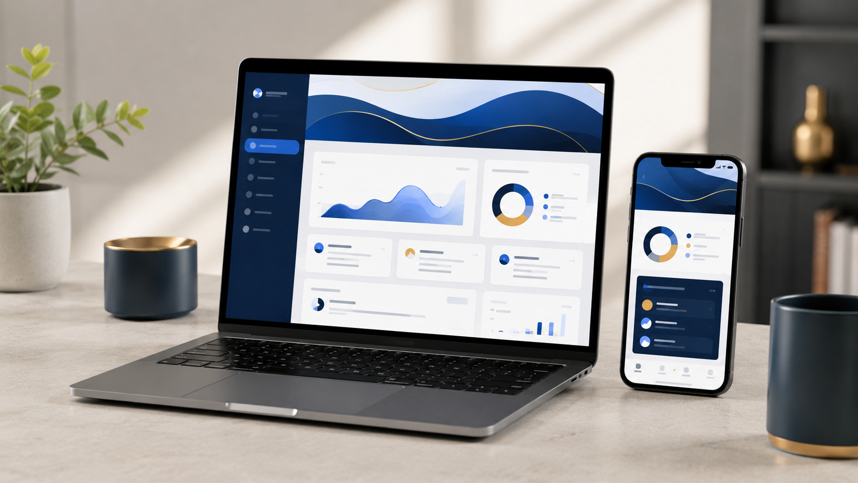 Site e sistema responsivo apresentados em notebook e celular